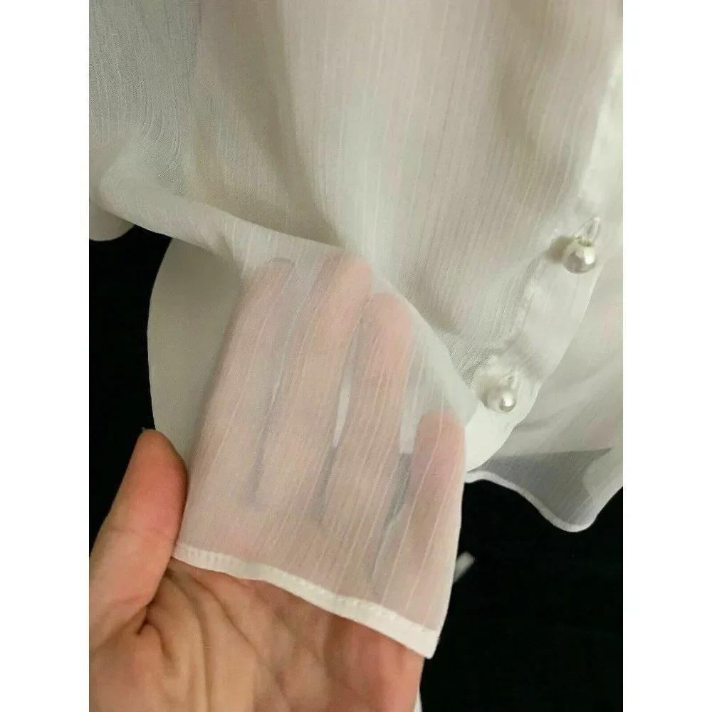 Zara Womens Solid White Sheer Long Sleeve Button Down Top Blouse Xs